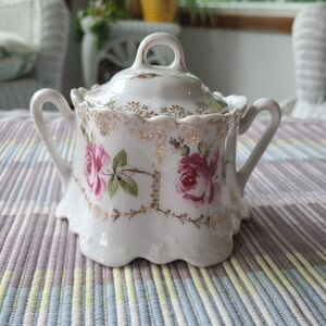 Antique Hand Painted Porcelain Scalloped Covered Sugar Bowl Pink Roses No. "36"